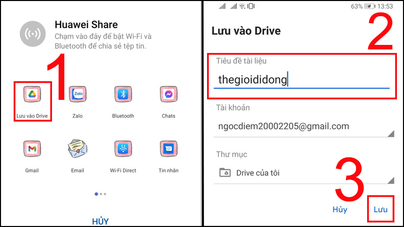 Chọn Lưu vào Drive > Đặt tên tiêu đề tài liệu theo ý của bạn > Chọn Lưu.